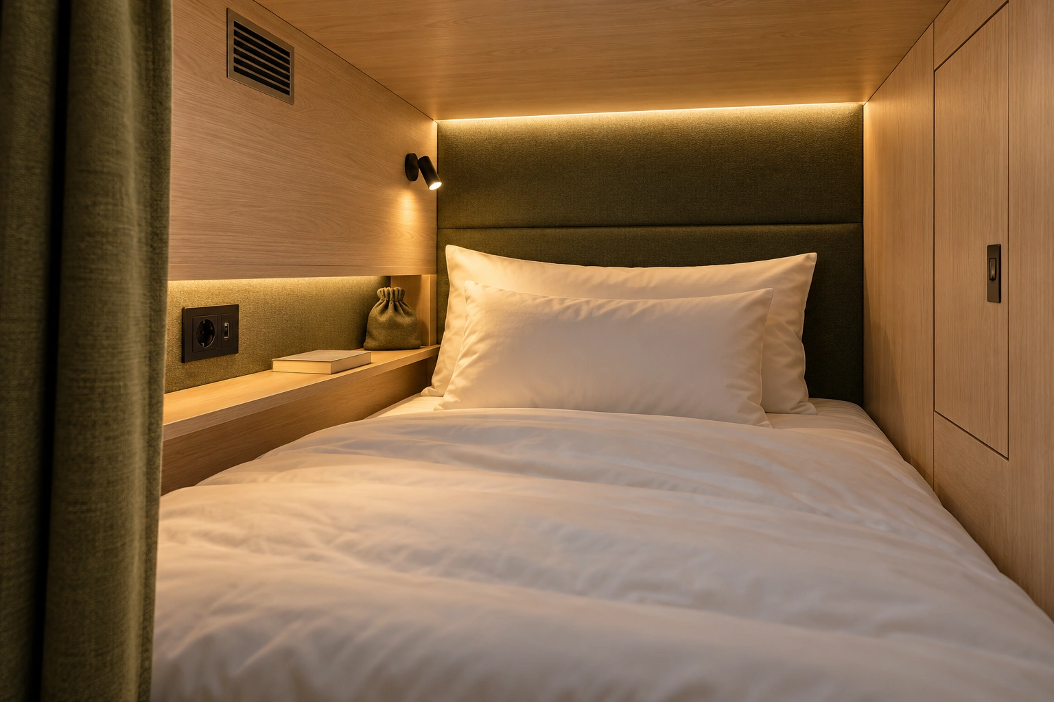 Großzügigere Schlafkapsel mit breitem Bett und Gepäckablage