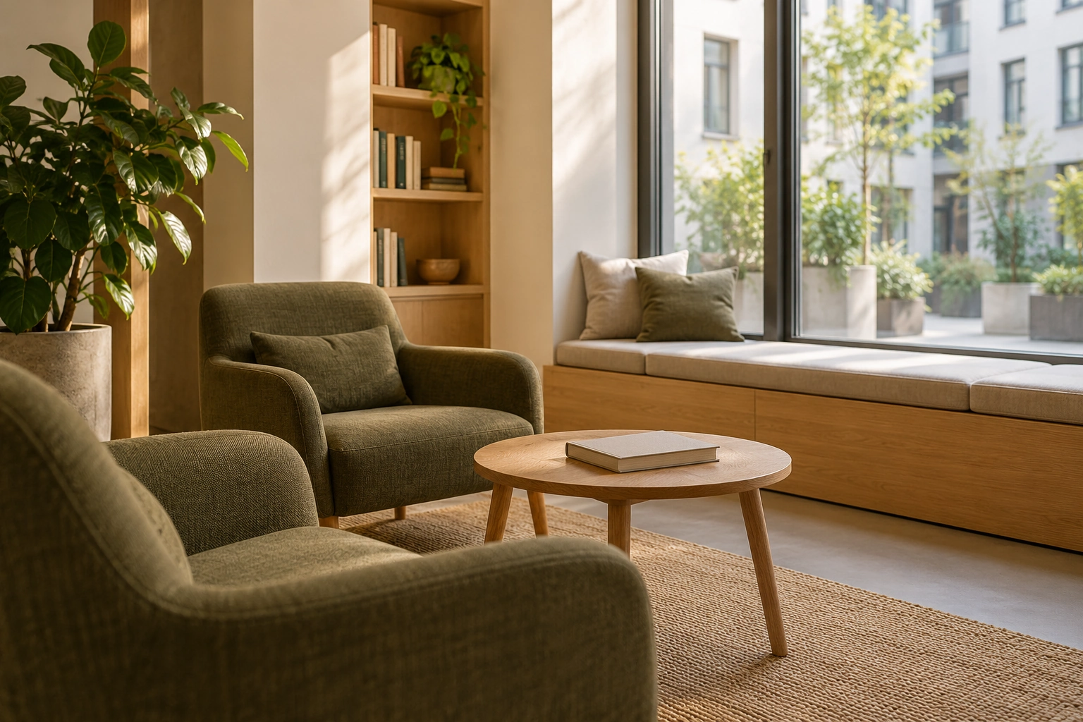 Ruhige Hotellounge mit olivgrünen Sitzpolstern und Holztischen